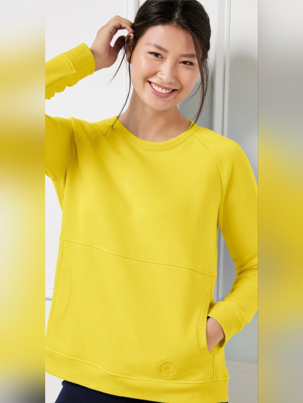 T by TALBOTS Bright yellow French Terry COTTON Crewneck Women's Pullover Size L